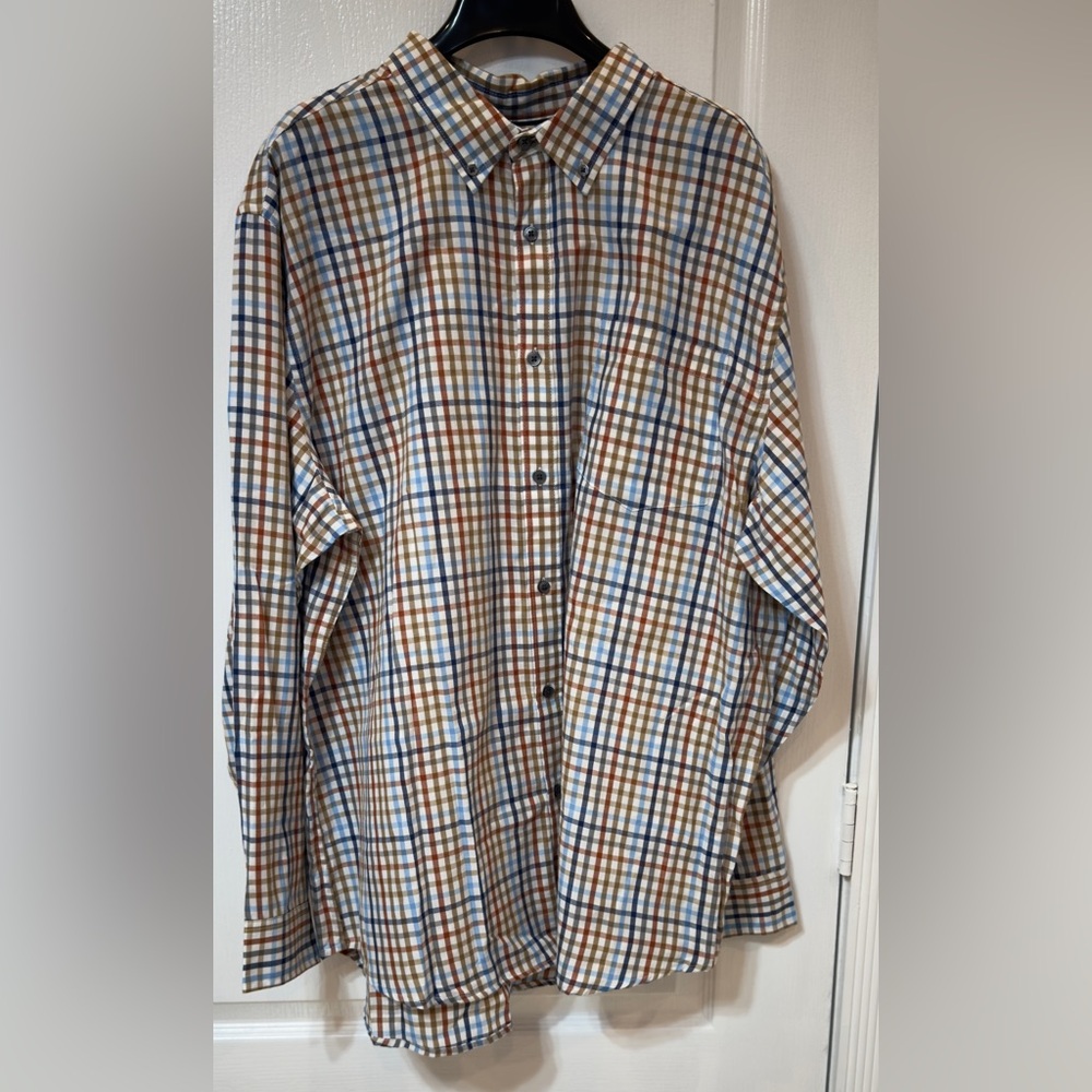 Basic Editions Classic fit Men's Brown and Blue Plaid Button-Down Shirt 2XL New